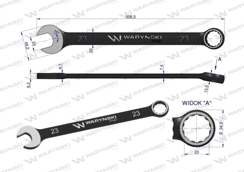 Klucz płasko-oczkowy 23 mm. CrV standard ASME B107-2010 Waryński 2