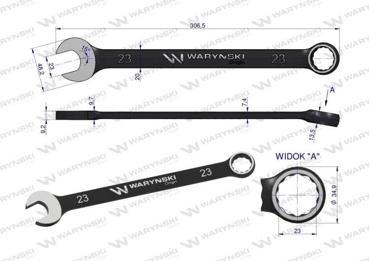 Klucz płasko-oczkowy 23 mm. CrV standard ASME B107-2010 Waryński 2