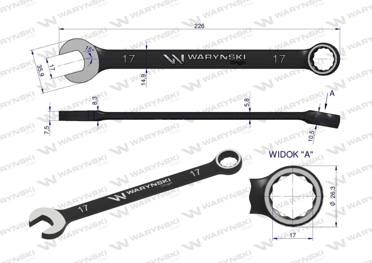 Klucz płasko-oczkowy 17 mm. CrV standard ASME B107-2010 Waryński 2