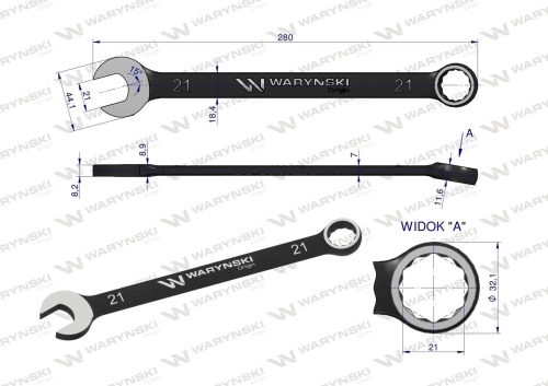 Klucz płasko-oczkowy 21 mm CrV standard ASME B107-2010 Waryński 2