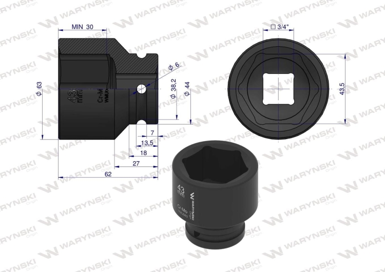 Nasadka udarowa sześciokątna 3/4" 43 m. CrMo DIN 3129 Waryński  2