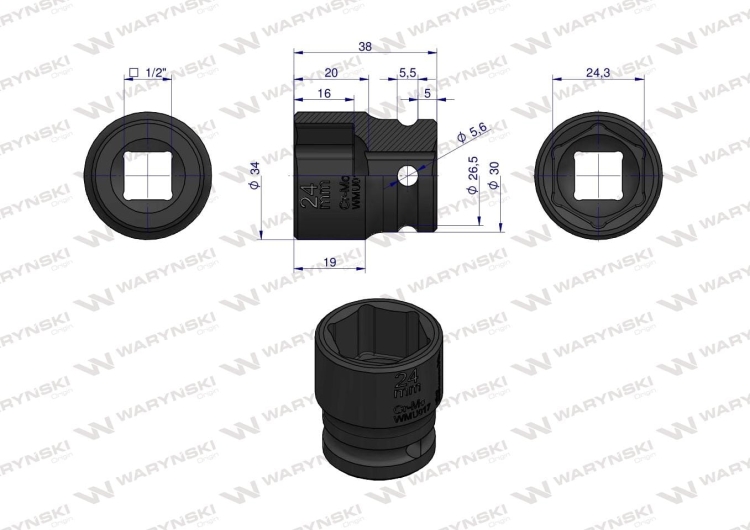 Nasadka udarowa sześciokątna 1/2" 24 mm CrMo DIN 3129 Waryński 3