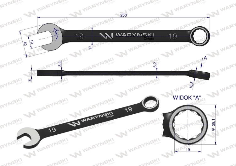 Klucz płasko-oczkowy 19 mm CrV standard ASME B107-2010 Waryński 2