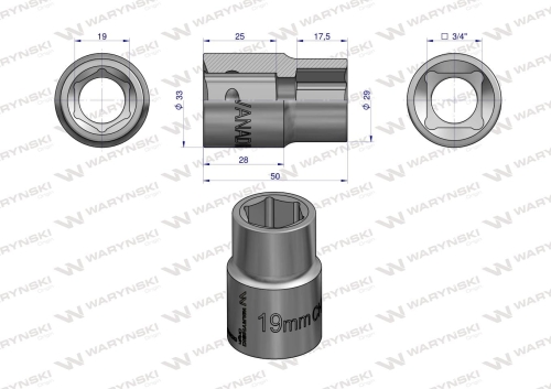 Nasadka sześciokątna 3/4" 19 mm CrV50BV30 DIN 3124 Waryński 2