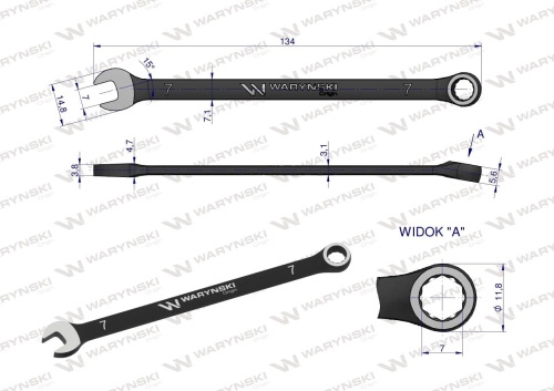Klucz płasko-oczkowy 7 mm CrV standard ASME B107-2010 Waryński 2