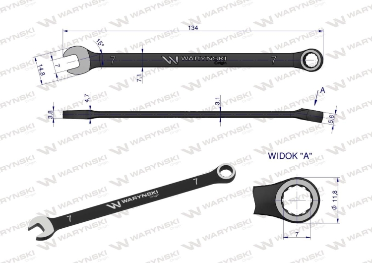 Klucz płasko-oczkowy 7 mm CrV standard ASME B107-2010 Waryński 2