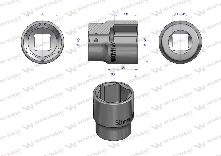 Nasadka sześciokątna 3/4"38 mm CrV50BV30 DIN 3124 Waryński 2