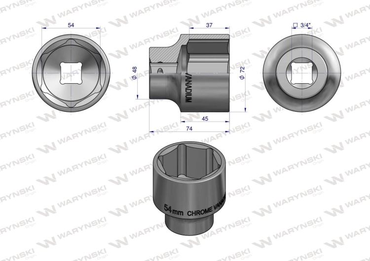 Nasadka sześciokątna 3/4" 54 mm CrV50BV30 DIN 3124 Waryński 2