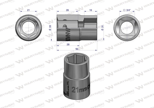Nasadka sześciokątna 3/4" 21 mm CrV50BV30 DIN 3124 Waryński 2
