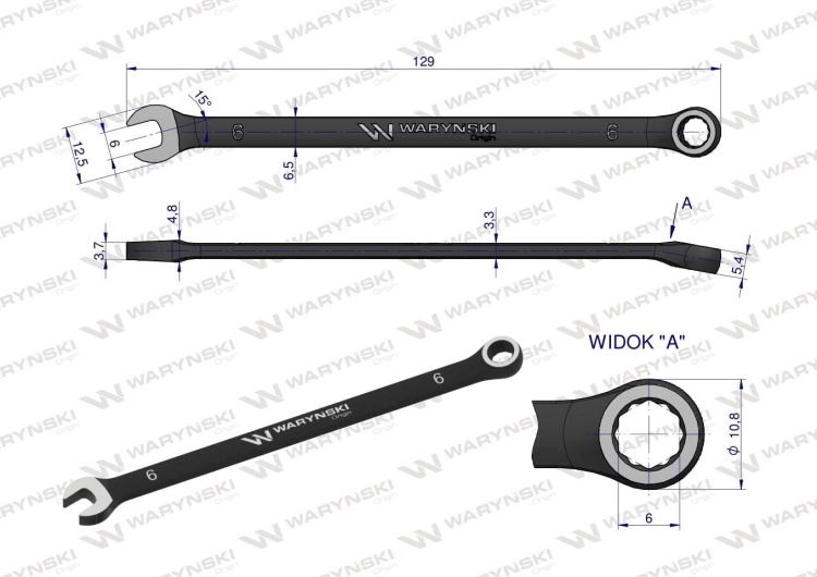 Klucz płasko-oczkowy 6 mm CrV standard ASME B107-2010 Waryński 2