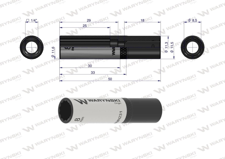 Nasadka dwunastokątna 1/4" 8 mm długaCrV50BV30 DIN 3124 Waryński  2