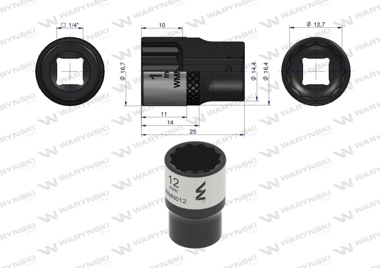 Nasadka dwunastokątna 1/4" 12 mm CrV50BV30 DIN 3124 Waryński 2