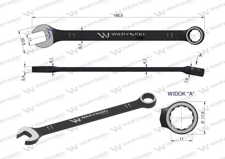 Klucz płasko-oczkowy 11 mm CrV standard ASME B107-2010 Waryński 2
