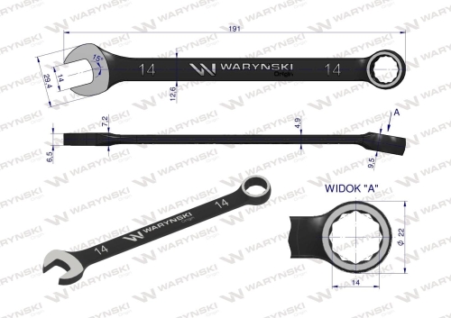 Klucz płasko-oczkowy 14 mm. CrV standard ASME B107-2010 Waryński 2