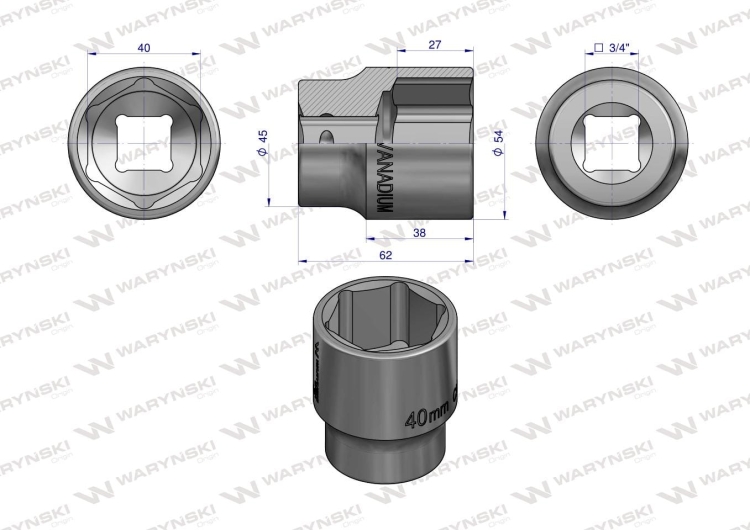 Nasadka sześciokątna 3/4" 40 mm CrV50BV30 DIN 3124 Waryński 2