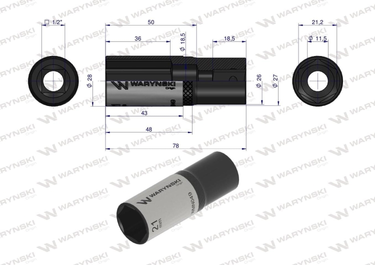 Nasadka sześciokątna 1/2" 21 mm długa CrV50BV30 DIN 3124 Waryński 3