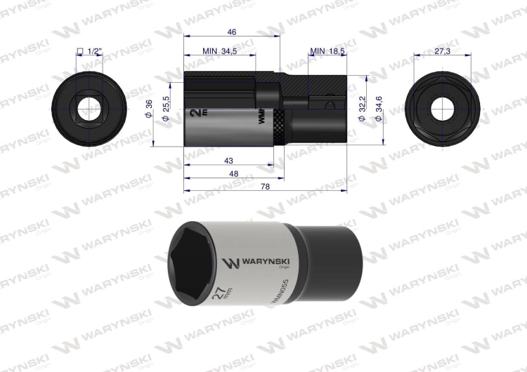 Nasadka sześciokątna 1/2" 27 mm długa CrV50BV30 DIN 3124 Waryński 3