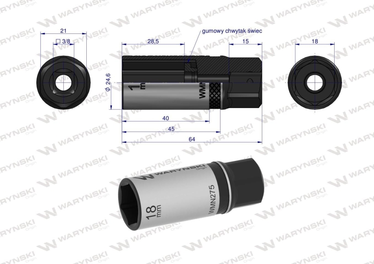 Nasadka do świec 3/8" 18 mm CrV50BV30 DIN 3124 Waryński 3