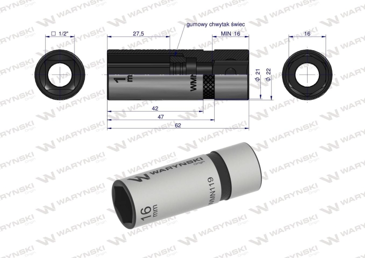 Nasadka do świec 1/2" 16mm Waryński  2