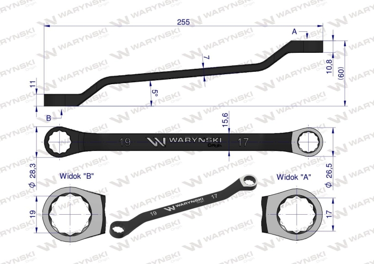 Klucz oczkowy odsadzony 17 x 19 mm CrV standard ASME B107.9 Waryński 2