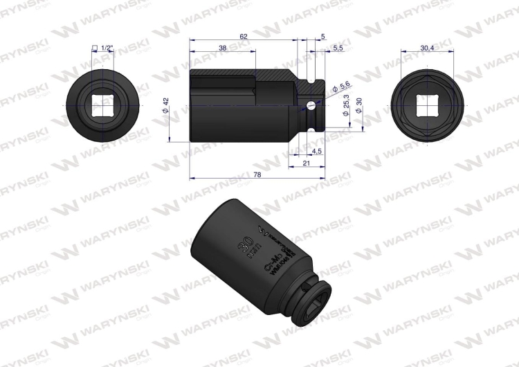 Nasadka udarowa sześciokątna długa 1/2" 30 mm CrMo DIN 3129 Waryński 3