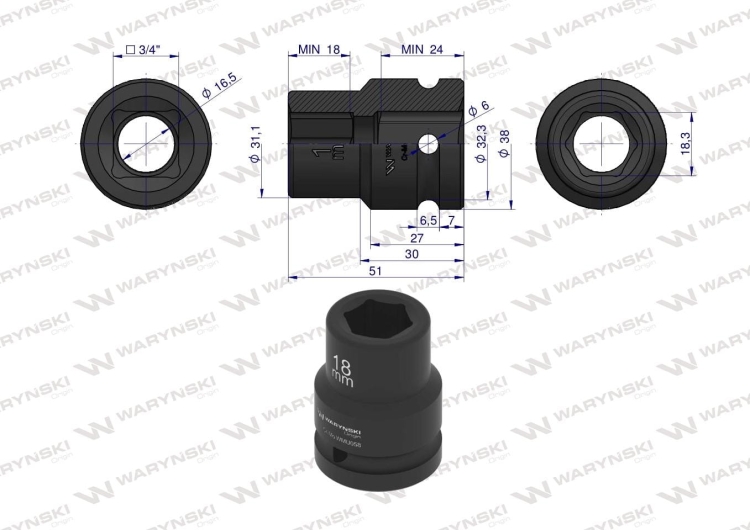 Nasadka udarowa sześciokątna 3/4" 18 mm CrMo DIN 3129 Waryński 3