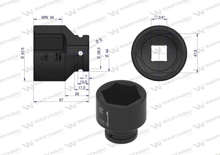 Nasadka udarowa sześciokątna 3/4" 47 mm CrMo DIN 3129 Waryński  2
