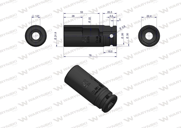 Nasadka udarowa sześciokątna długa 1/2" 22 mm CrMo DIN 3129 Waryński 3