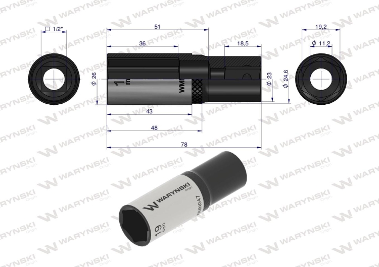 Nasadka sześciokątna 1/2" 19 mm długa CrV50BV30 DIN 3124 Waryński 2