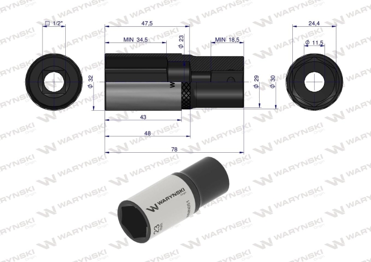Nasadka sześciokątna 1/2" 24 mm długa CrV50BV30 DIN 3124 Waryński 3