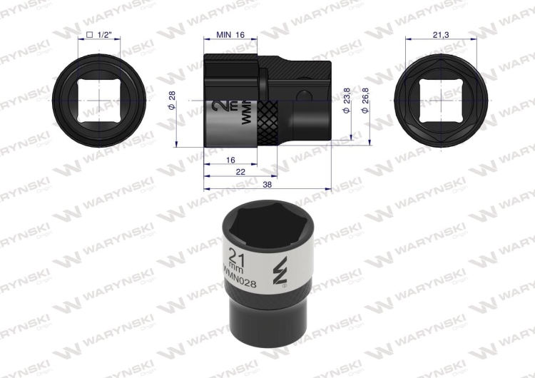 Nasadka sześciokątna 1/2" 21 mm CrV50BV30 DIN 3124 Waryński 3