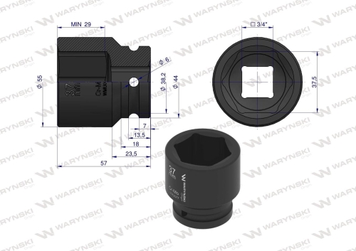 Nasadka udarowa sześciokątna 3/4" 37 mm CrMo DIN 3129 Waryński 2