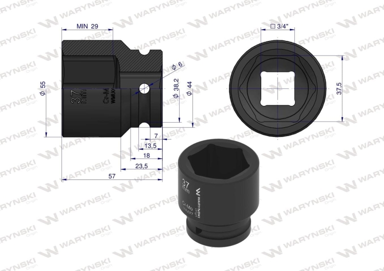 Nasadka udarowa sześciokątna 3/4" 37 mm CrMo DIN 3129 Waryński 2