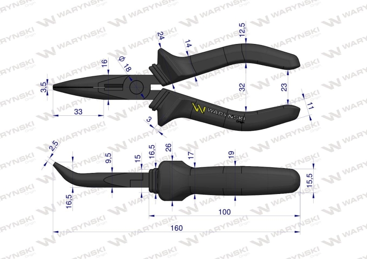 Szczypce wydłużone wygięte 160 mm Waryński 2
