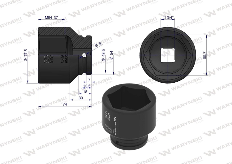 Nasadka udarowa sześciokątna 3/4" 55 mm CrMo DIN 3129 Waryński 3