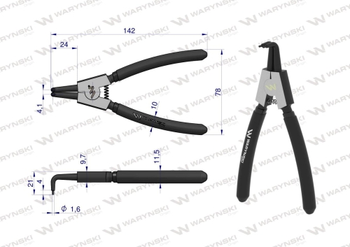 Szczypce do pierścieni osadczych 150 mm zewnętrzne wygięte Waryński RYSUNEK TECHNICZNY