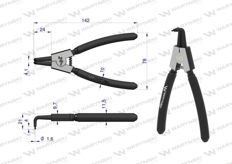Szczypce do pierścieni osadczych 150 mm zewnętrzne wygięte Waryński RYSUNEK TECHNICZNY
