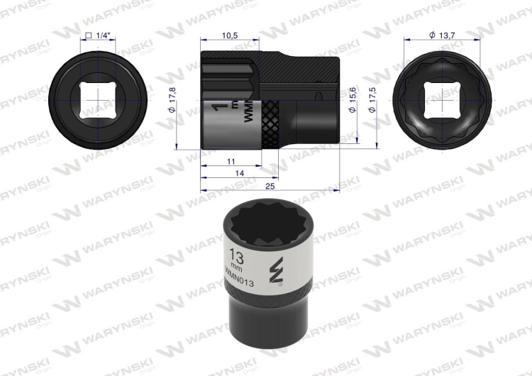 Nasadka dwunastokątna 1/4" 13 mm CrV50BV30 DIN 3124 Waryński 3
