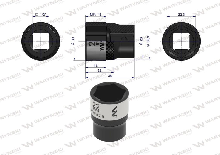 Nasadka sześciokątna 1/2" 22 mm CrV50BV30 DIN 3124 Waryński 2