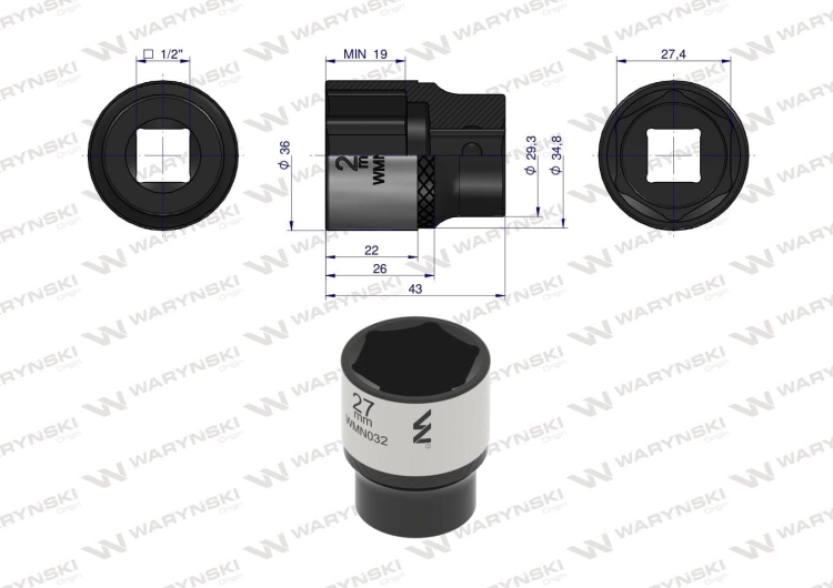 Nasadka sześciokątna 1/2" 27 mm CrV50BV30 DIN 3124 Waryński 2