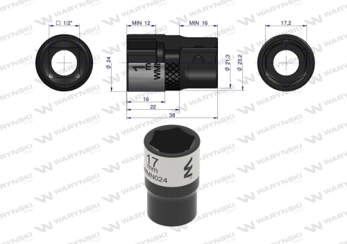 Nasadka sześciokątna 1/2" 17 mm CrV50BV30 DIN 3124 Waryński 2