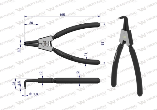 Szczypce do pierścieni osadczych 180 mm zewnętrzne wygięte Waryński 2