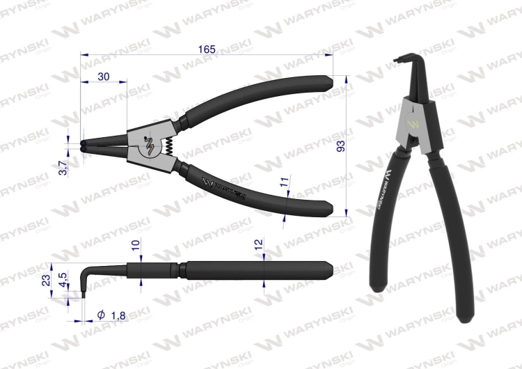 Szczypce do pierścieni osadczych 180 mm zewnętrzne wygięte Waryński 2