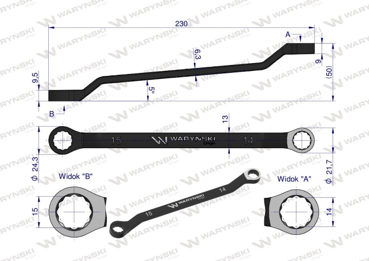 Klucz oczkowy odsadzony 14 x 15 mm CrV standard ASME B107.9 Waryński 2