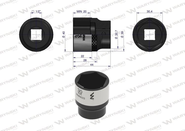 Nasadka sześciokątna 1/2" 30 mm CrV50BV30 DIN 3124 Waryński  2