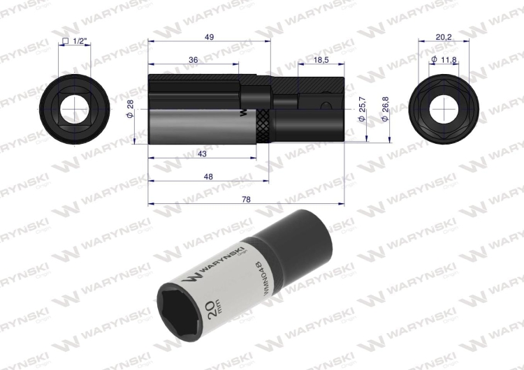 Nasadka sześciokątna 1/2" 20 mm długa CrV50BV30 DIN 3124 Waryński 3