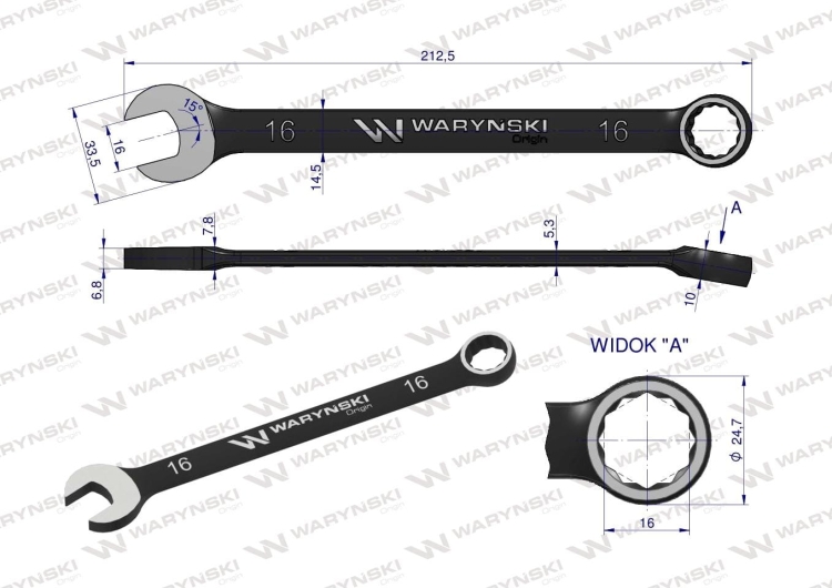 Klucz płasko-oczkowy 16 mm CrV standard ASME B107-2010 Waryński 2
