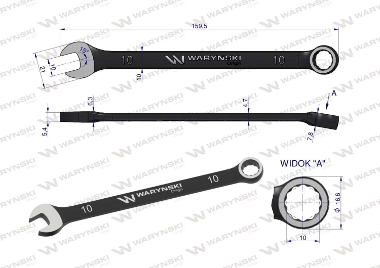 Klucz płasko-oczkowy 10 mm CrV standard ASME B107-2010 Waryński  2