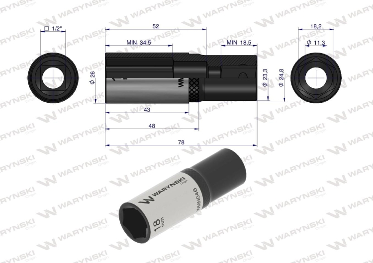 Nasadka sześciokątna 1/2" 18 mm długa CrV50BV30 DIN 3124 Waryński 3
