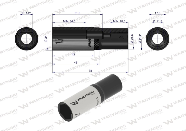 Nasadka sześciokątna 1/2" 17 mm długa CrV50BV30 DIN 3124 Waryński  3